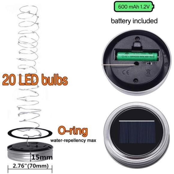 Solar Mason Jar Lights [Updated], 8 Pack 20 LED Waterproof Fairy Firefly Jar - Picture 3 of 7